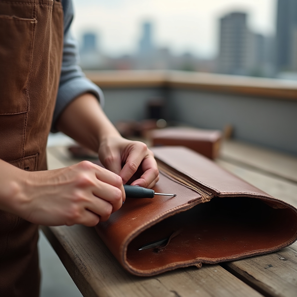 Nahaufnahme einer Ledertaschen-Reparatur