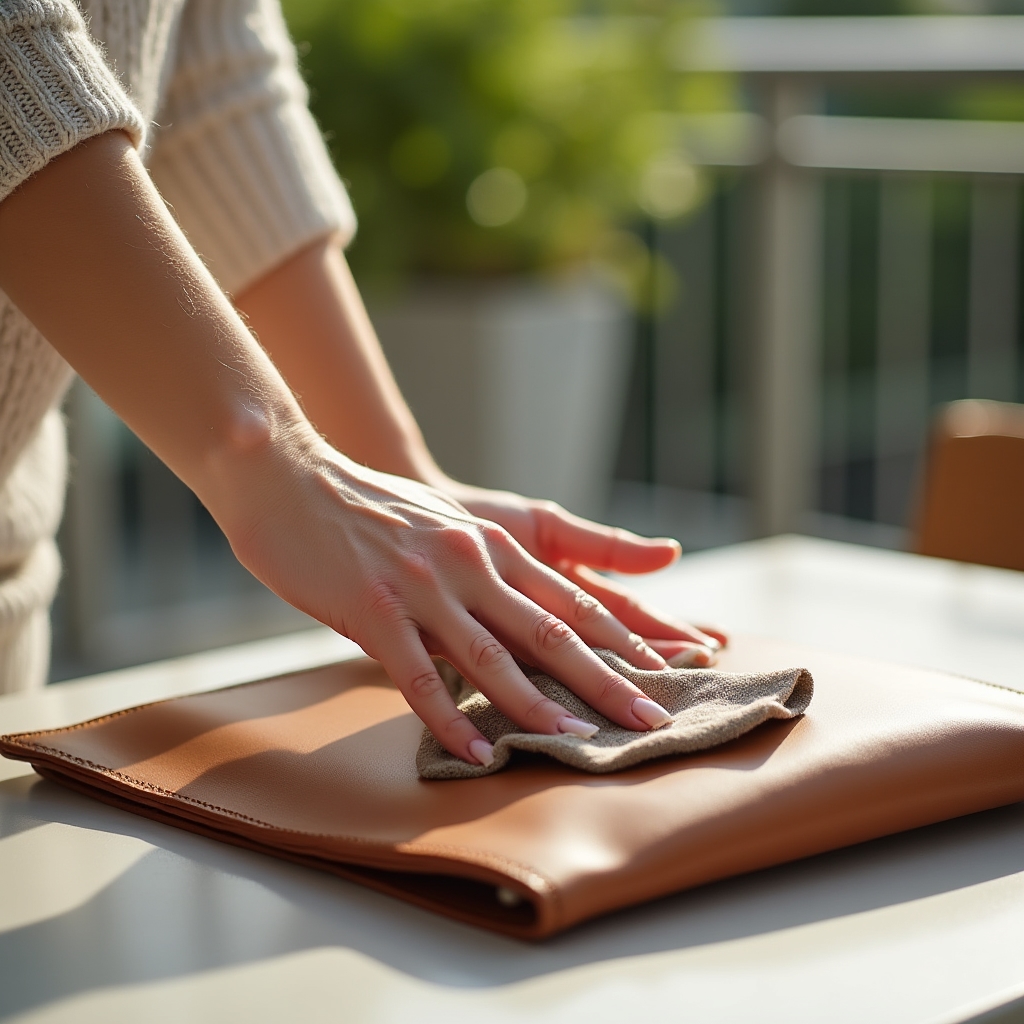 Reinigung einer Ledertasche mit weichem Tuch